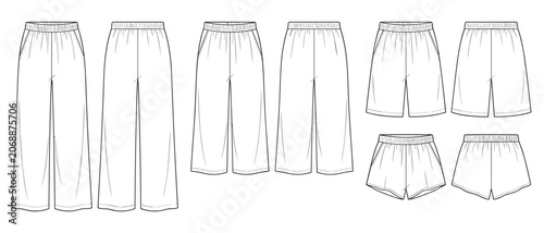 Set of different length casual lounge pants on transparent background. Leggings, pajamas, shorts
