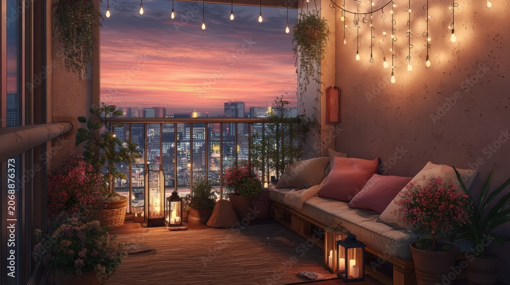 Fototapeta premium Cozy balcony with sunset city view and fairy lights. Modern apartment terrace decorated with plants and lanterns. Evening relaxation and comfortable home interior design concept.