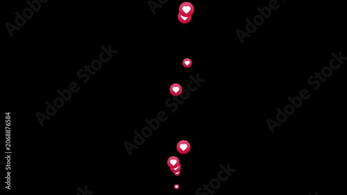 Animated Red Hearts Floating Upwards Against Black Background, Stream reactions in social media. Follower heart support. Love button emoji motion graphic. Live streaming