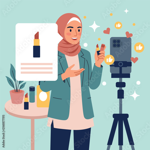Urban Hijab Content Creator Promoting Beauty Products on Social Media Livestream - Modern Minimalist Vector Illustration
