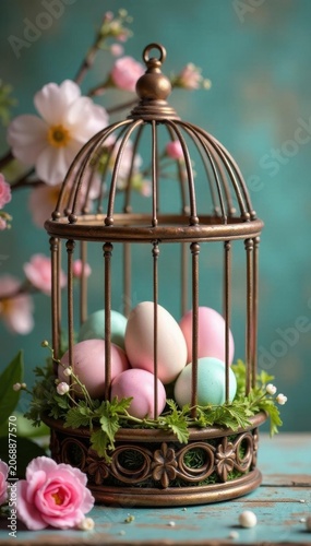 Antique birdcage overflowing with pastel eggs & vibrant spring blooms , holiday, vintage birdcage