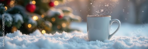 Blank white mug on snowy Christmas background Cozy winter scene , coffee, cocoa, commercial