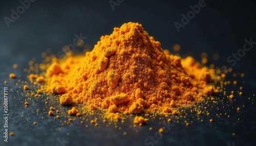 Deep orange turmeric pile on black, fine texture visible , texture, food, macro