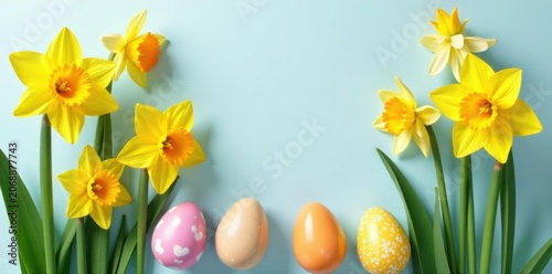 Easter daffodil arrangement, blank card Elegant spring styled stock photo , nature, composition
