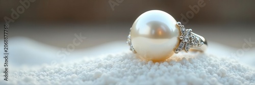 Elegant silver ring, large pearl, diamonds, white sand ,  jewelry,  reflection
