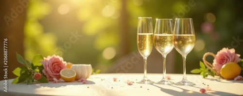 Elegant summer wine glasses, sparkling wine, sunlit beige table , celebration, minimal, shadow