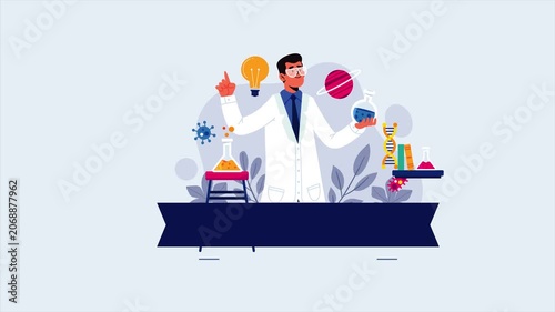 Person examines telescope near stacked boxes and colorful plants in space