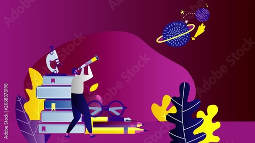 Person examines telescope near stacked boxes and colorful plants in space