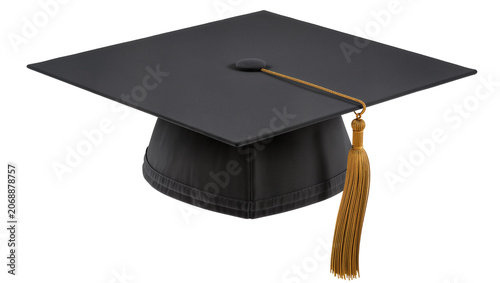 Fotografía Black graduation cap with gold tassel, isolated on transparent background