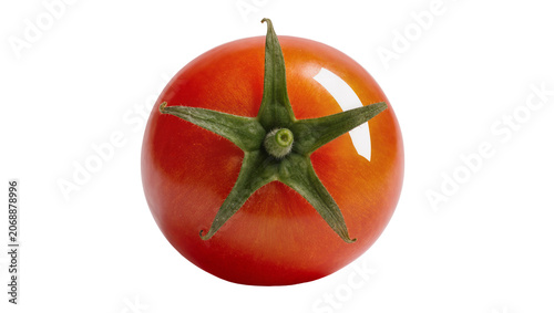 Ripe red tomato with green star-shaped stem, isolated on transparent background