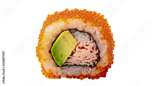 California roll with avocado and crab meat covered in tobiko, isolated on transparent background
