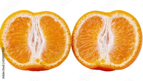 Two halves of a ripe orange with visible segments and pith, isolated on transparent background