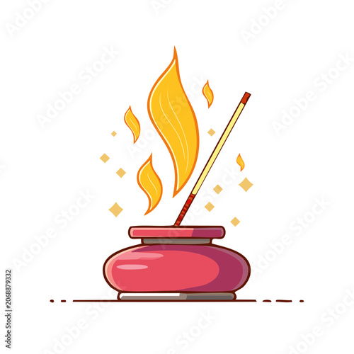 Flat illustration of incense burner with flame and smoke