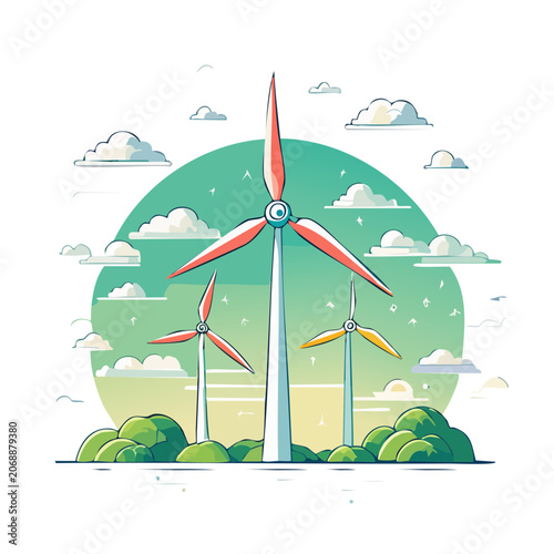 Flat illustration of wind turbines with green background