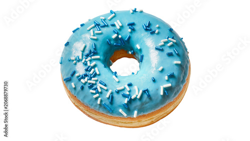 Blue iced donut with white and blue sprinkles, isolated on transparent background
