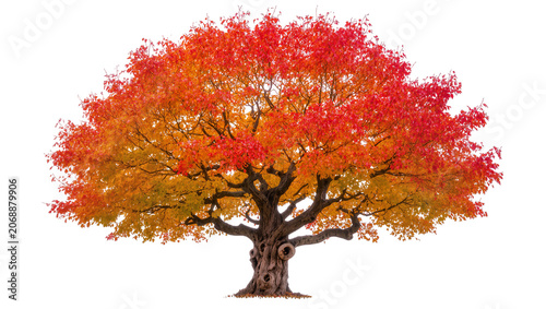 Mature deciduous tree with vibrant red and orange autumn foliage, isolated on transparent background