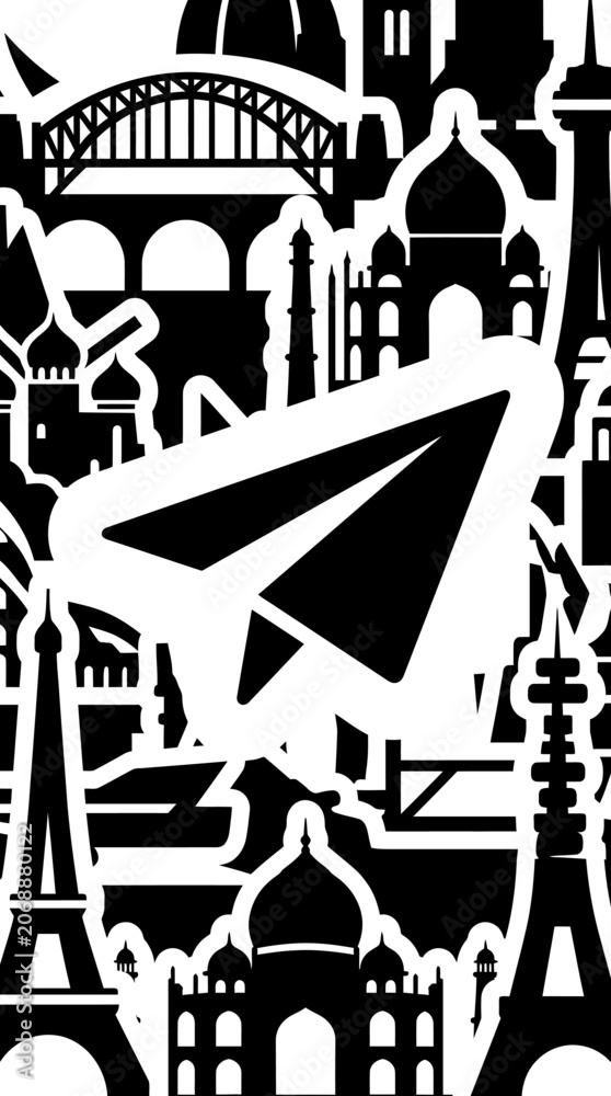 Fototapeta premium A minimalist black and white paper airplane icon centered over a travel themed collage.