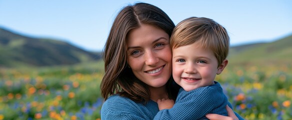 A joyful mother embraces her toddler in a vibrant meadow with rolling green hills and a clear sky.