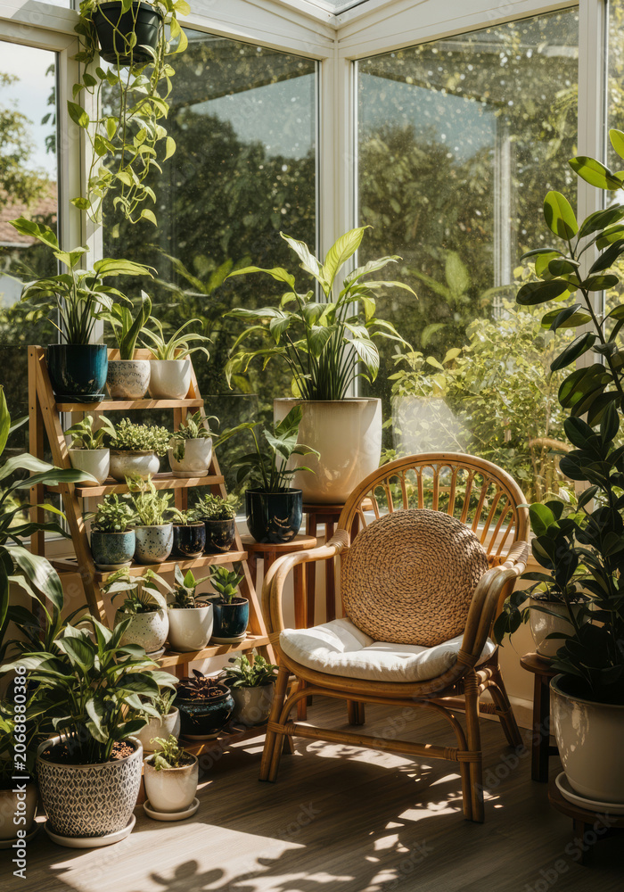 Fototapeta premium Sunny sunroom filled with lush green potted plants and a cozy wicker chair.