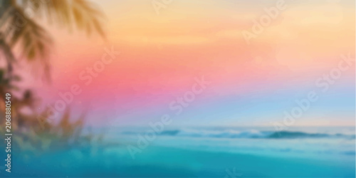 Tropical Beach Sunset with Palm Trees Over the Ocean and Colorful Sky