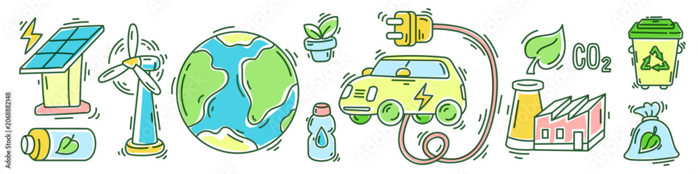 Naklejka premium Eco city infrastructure and zero waste vector icons set, colorful line art electric car, solar panel, wind turbine and waste recycling bin. Green technology collection with planet Earth