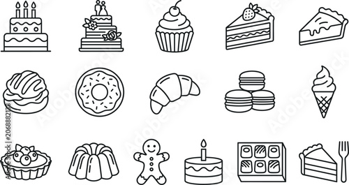 Bakery and Dessert Outline Icon Set featuring Wedding Cakes Birthday Cupcakes Donuts Croissants Macarons and Sweet Pastries for Cafe Menu Graphic Layouts