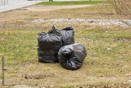 Cleaning the city: bags of fallen leaves and litter on the ground