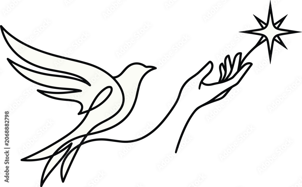 Obraz premium Minimalist One Line Art Flying Bird and Human Hand Reaching for Star Vector Illustration Conceptual Elegant Continuous Line Contour Design