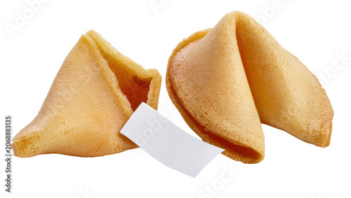 Canvastavla Golden baked fortune cookies with blank paper slips, isolated on transparent bac