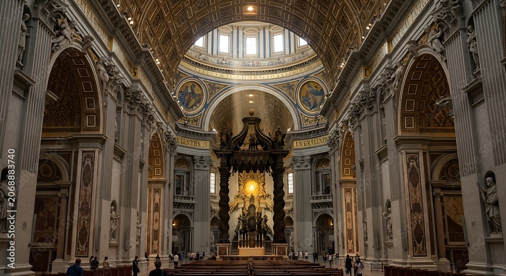Obraz premium Grand interior architecture of large cathedral with dome and altar