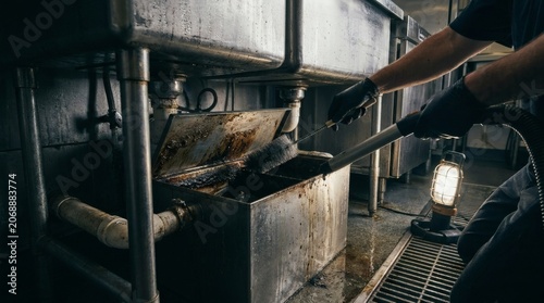 Worker in black gloves meticulously cleaning a grimy commercial kitchen grease trap with a brush and vacuum, highlighting essential restaurant maintenance and sanitation.