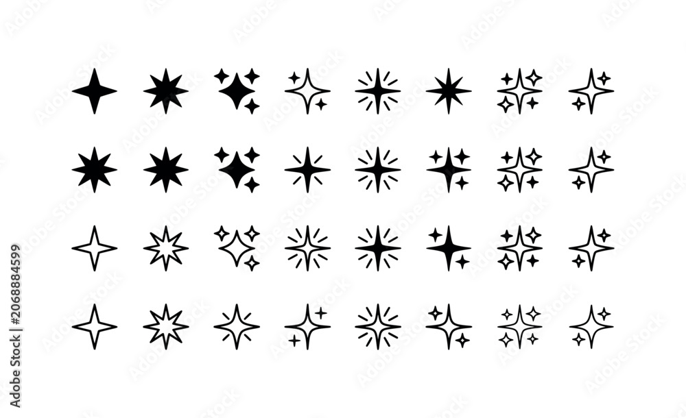 Fototapeta premium Set of black hand-drawn doodle stars, sparkle, and glitter with various shapes for decoration and design.