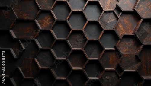 Black honeycomb wood, hexagonal panels, brown abstract grain , craft, hexagonal