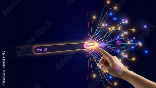 Hand interacting with digital prompt and generate button on futuristic interface