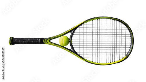 Bild auf Leinwand Black tennis racket with neon yellow trim and tennis ball, isolated on transpare