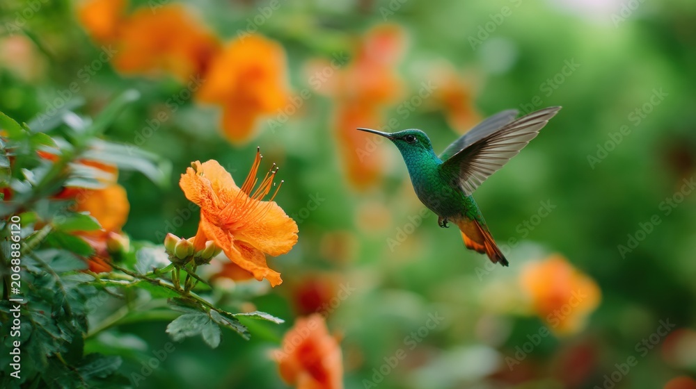 Fototapeta premium Emerald hummingbird hovering near bright orange flower in green garden. Tiny bird in flight searching for nectar. Wildlife photography capturing natural ecosystem, spring, and summer beauty.