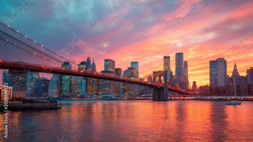Brooklyn Bridge spanning the East River at sunset. Panoramic cityscape view of Manhattan skyline with skyscrapers reflecting on water. Urban architecture and travel destination concept.