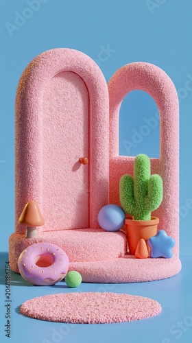 Pink Fuzzy Archway with Cactus Donut and Mushroom 3D Render Surreal Pastel Display Backdrop