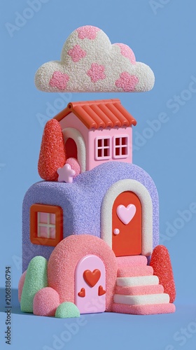 Pink Fuzzy Dollhouse with Heart Doors and Polka Dot Cloud 3D Render Whimsical Pastel Illustration