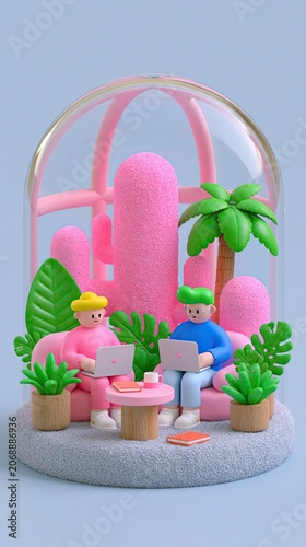 Cute 3D Couple Working on Laptops Inside Pink Glass Greenhouse Illustration