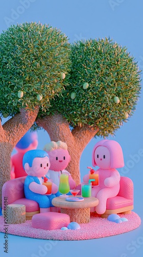 Cute 3D Friends Relaxing on Pink Sofa Under Trees with Cocktails Illustration