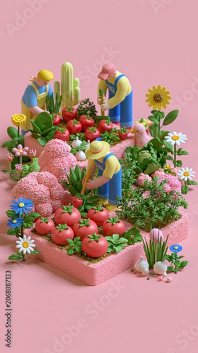 Flat 3D Illustration Family Harvesting Tomatoes Cauliflower Pink Vegetable Garden Scene