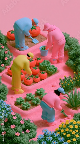 Flat 3D Illustration People Harvesting Vegetables Rooftop Garden Pink Background