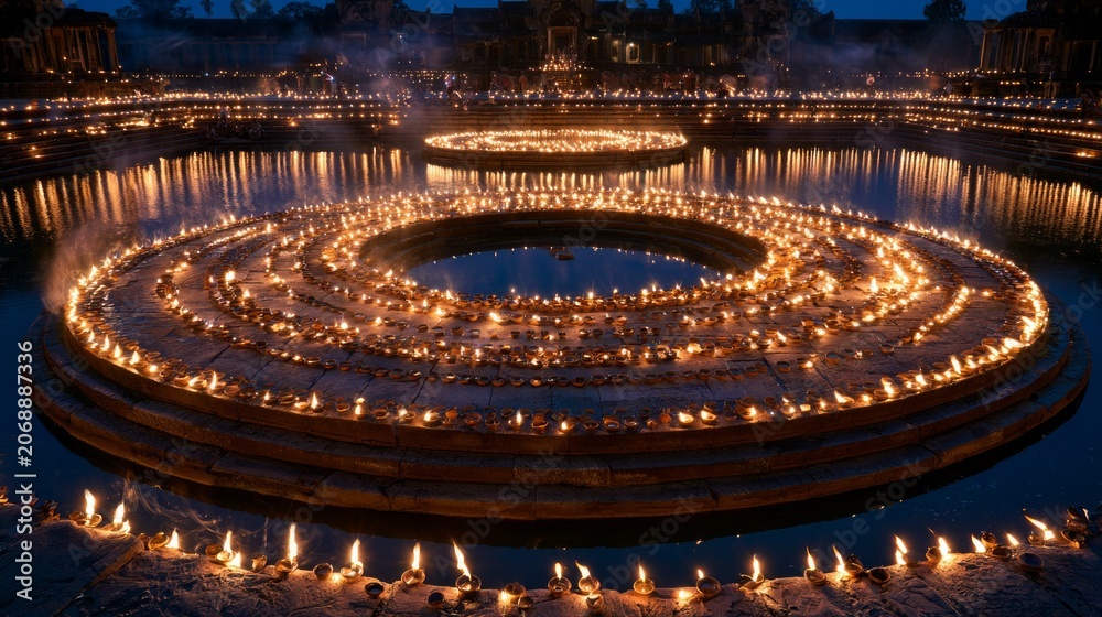 Obraz premium Circular Terraces Illuminated by Thousands of Oil Lamps