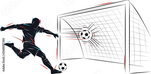 Soccer player kicking ball into goal net
