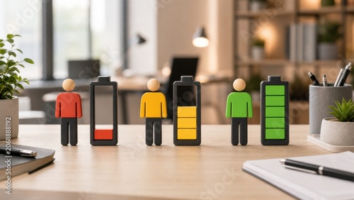 Stylized office workers standing by battery charging icons illustrate personal energy levels and importance of mental health wellness at work