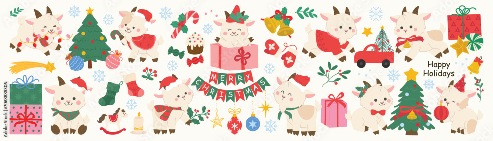 Fototapeta premium Cute goat Christmas and New Year vector set. Kawaii goat characters with festive holiday items, Christmas tree, decorative string lights, gifts, ornaments and happy celebration elements.