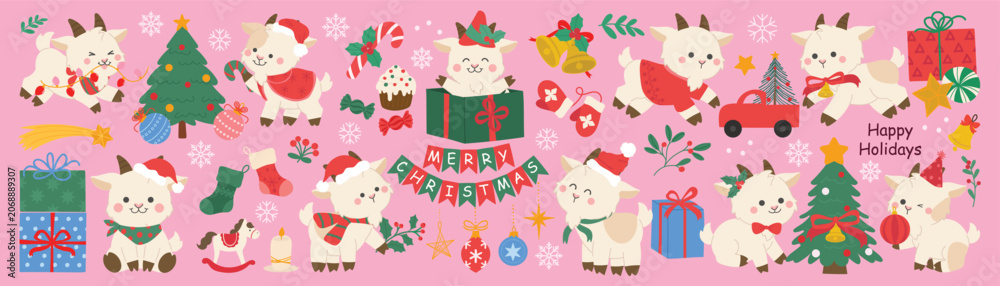 Fototapeta premium Cute goat Christmas and New Year vector set. Kawaii goat characters with festive holiday items, Christmas tree, decorative string lights, gifts, ornaments and happy celebration elements.