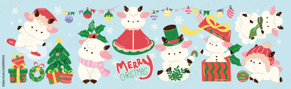 Fototapeta premium Cute goat Christmas and New Year vector set. Kawaii goat characters with festive holiday items, Christmas tree, decorative string lights, gifts, ornaments and happy celebration elements.