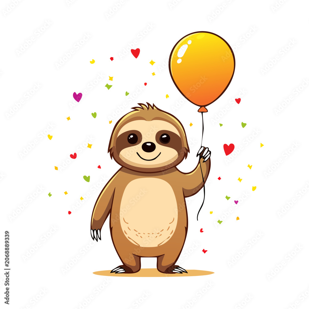 Obraz premium Cute cartoon sloth holding orange balloon with hearts